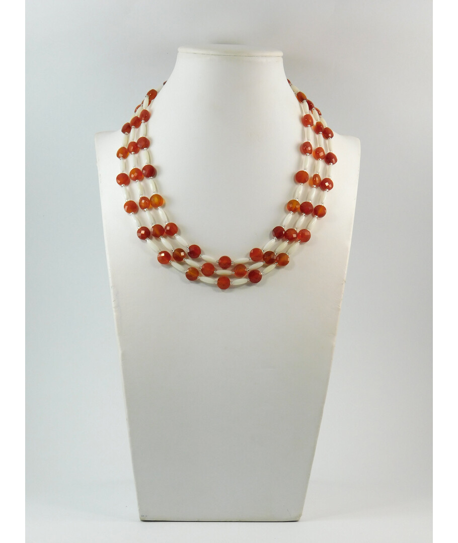 Exclusive necklace "Autumn snow" Carnelian plate. face, Coral rice, 3-rows