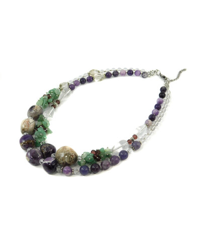 Exclusive necklace "Crystal" Amethyst barrel, Rock crystal, drop, tail, Lepidolite