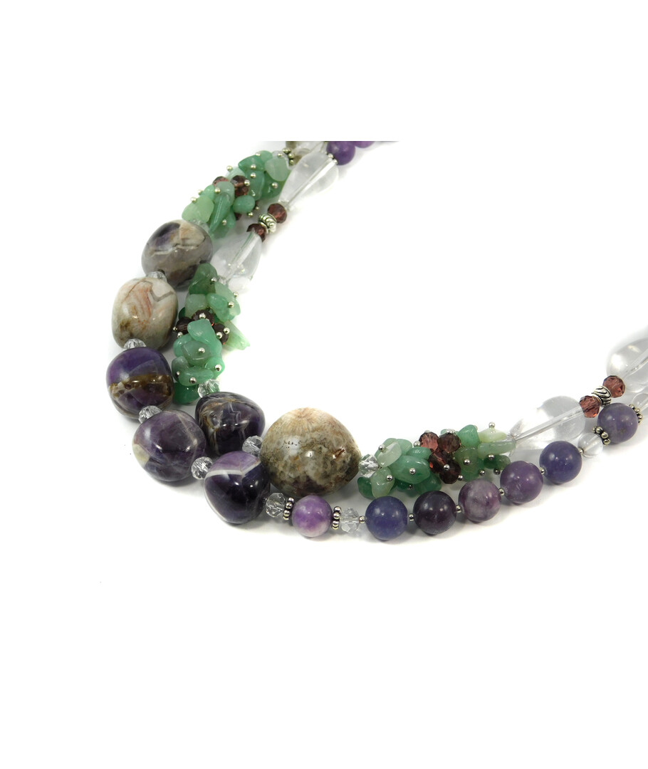 Exclusive necklace "Crystal" Amethyst barrel, Rock crystal, drop, tail, Lepidolite