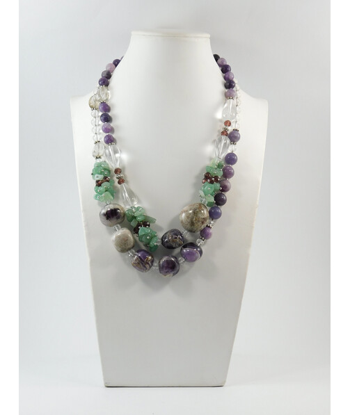 Exclusive necklace "Crystal" Amethyst barrel, Rock crystal, drop, tail, Lepidolite