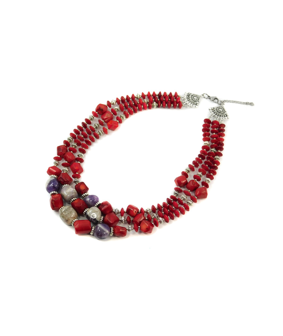 Exclusive necklace "Slavia" Coral on a corner, rondel, Amethyst barrel, 3 rows