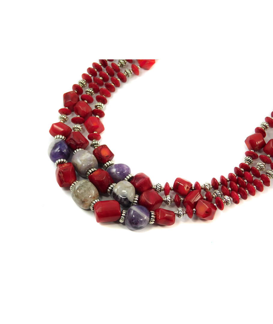 Exclusive necklace "Slavia" Coral on a corner, rondel, Amethyst barrel, 3 rows