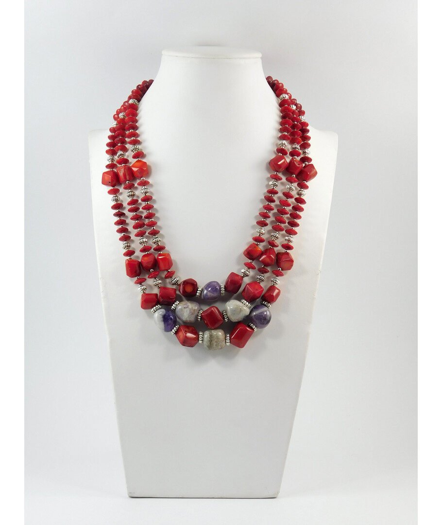 Exclusive necklace "Slavia" Coral on a corner, rondel, Amethyst barrel, 3 rows