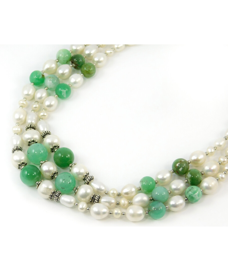 Exclusive necklace "Mariner" Chrysoprase in rock, Pearls, fig