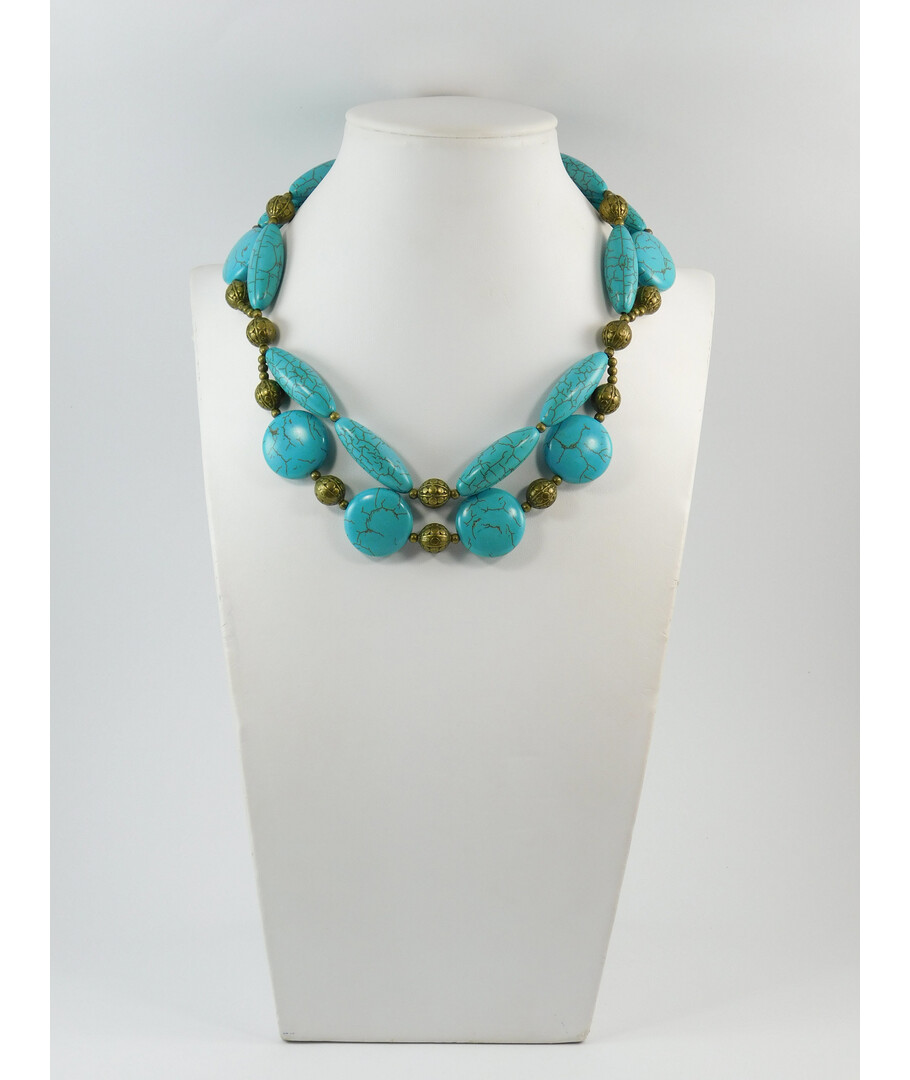 Exclusive necklace "Dimensions" Turquoise coin, bicone, 2 rows