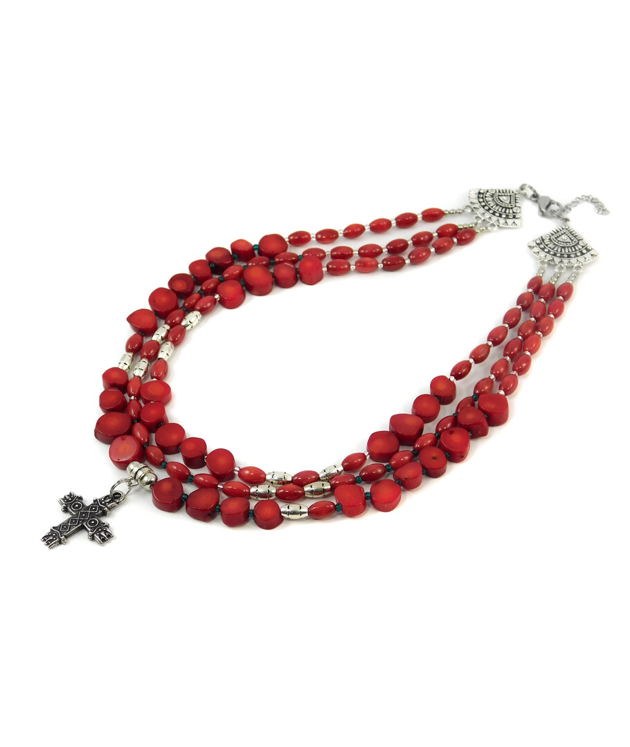 Exclusive necklace "Macovey" Coral tablet, rice, 3-rows