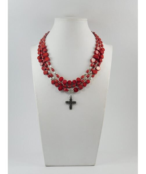 Exclusive necklace "Macovey" Coral tablet, rice, 3-rows