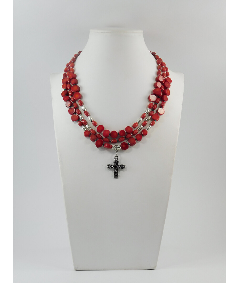 Exclusive necklace "Macovey" Coral tablet, rice, 3-rows