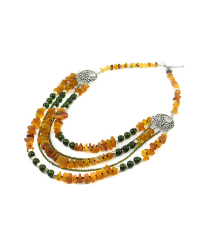 Exclusive necklace "October" Natural jade, crumb amber, 5-row