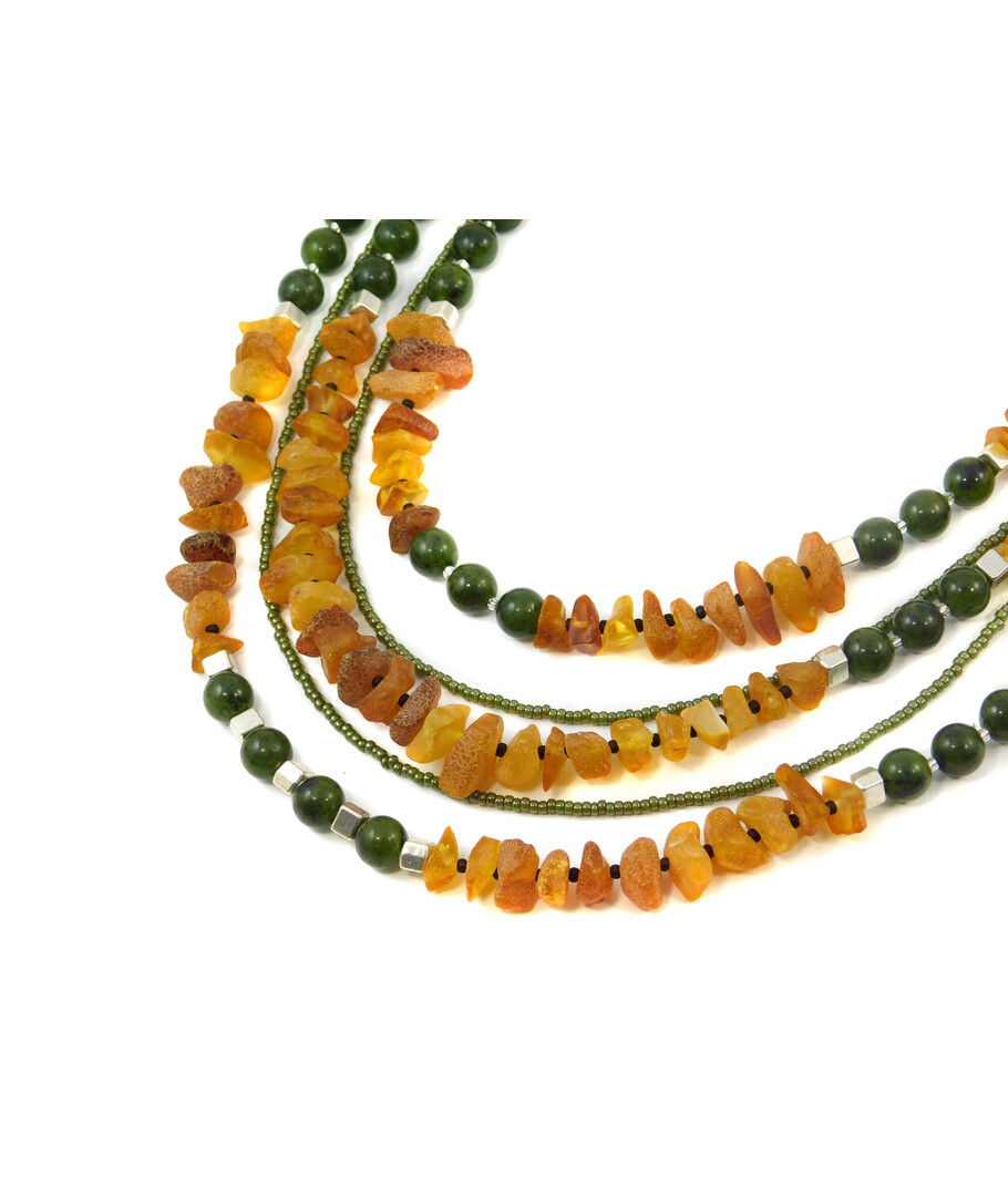 Exclusive necklace "October" Natural jade, crumb amber, 5-row