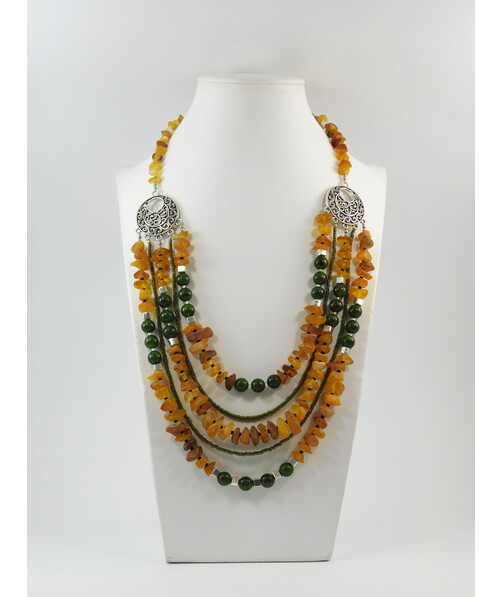 Exclusive necklace "October" Natural jade, crumb amber, 5-row