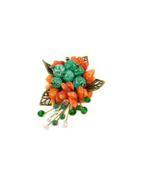 Exclusive brooch "Autumn melody" Sugar quartz, Coral crumb