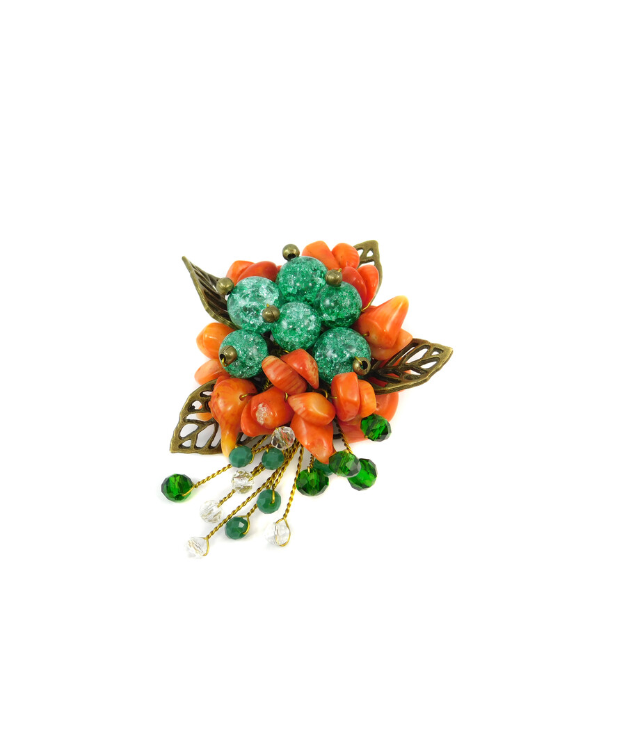 Exclusive brooch "Autumn melody" Sugar quartz, Coral crumb