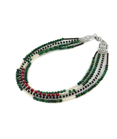 Exclusive necklace "Vyrlitsa" Coral, Rondel pearls, Onyx, Malachite, 5 rows