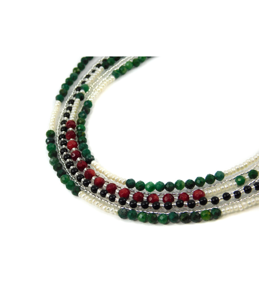 Exclusive necklace "Vyrlitsa" Coral, Rondel pearls, Onyx, Malachite, 5 rows