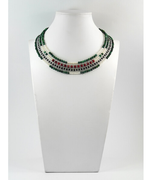 Exclusive necklace "Vyrlitsa" Coral, Rondel pearls, Onyx, Malachite, 5 rows