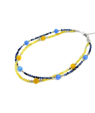 Exclusive necklace "Brave" Sodalite, Zircon, Cat's eye, 2-row