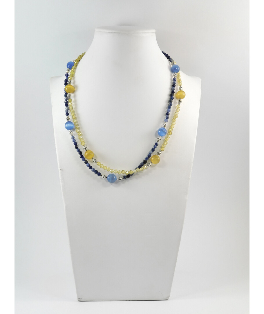 Exclusive necklace "Brave" Sodalite, Zircon, Cat's eye, 2-row