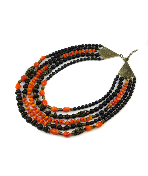 Exclusive necklace "Feodosia" Coral galtovka, Shungite, rondel, 5-row