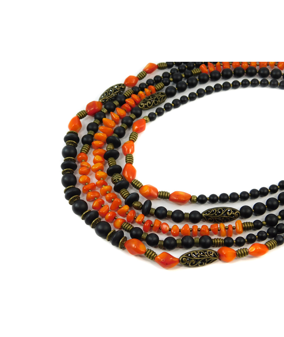 Exclusive necklace "Feodosia" Coral galtovka, Shungite, rondel, 5-row