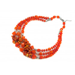 Exclusive necklace "Prima Donna" Coral orange cube, barrel, rondel, 3 rows