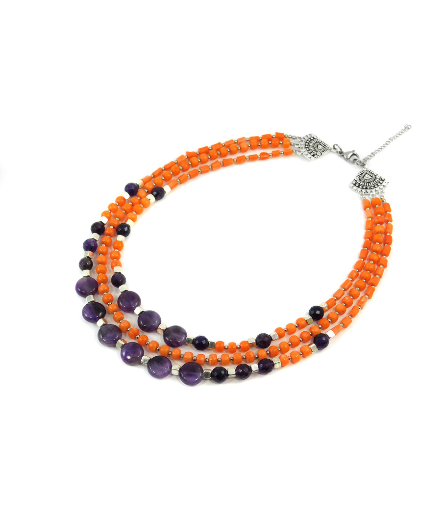 Exclusive necklace "Currant" Amethyst tablet facet, Coral orange rondel