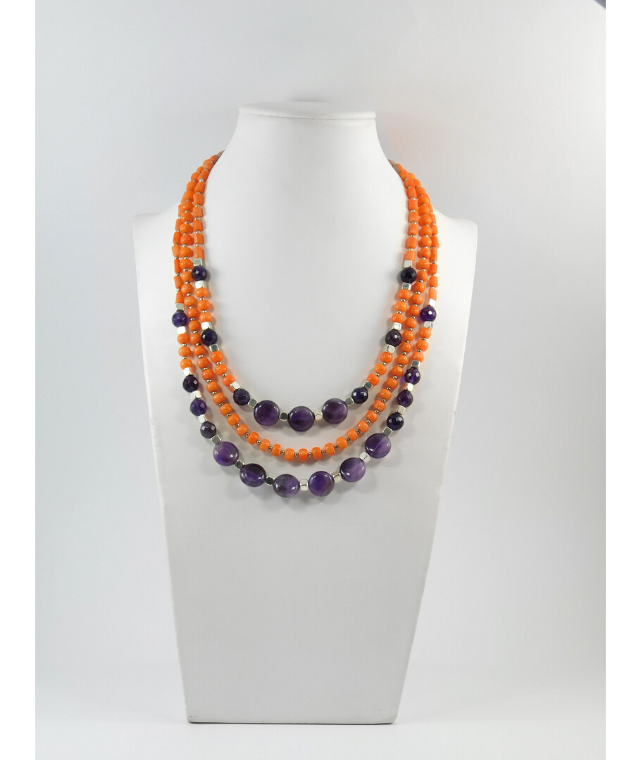 Exclusive necklace "Currant" Amethyst tablet facet, Coral orange rondel