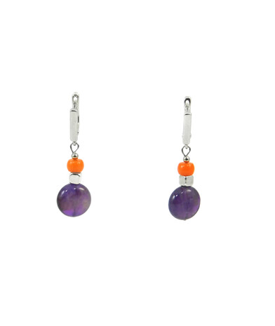 Exclusive earrings "Smorodina" Amethyst tablet, Coral orange rondel