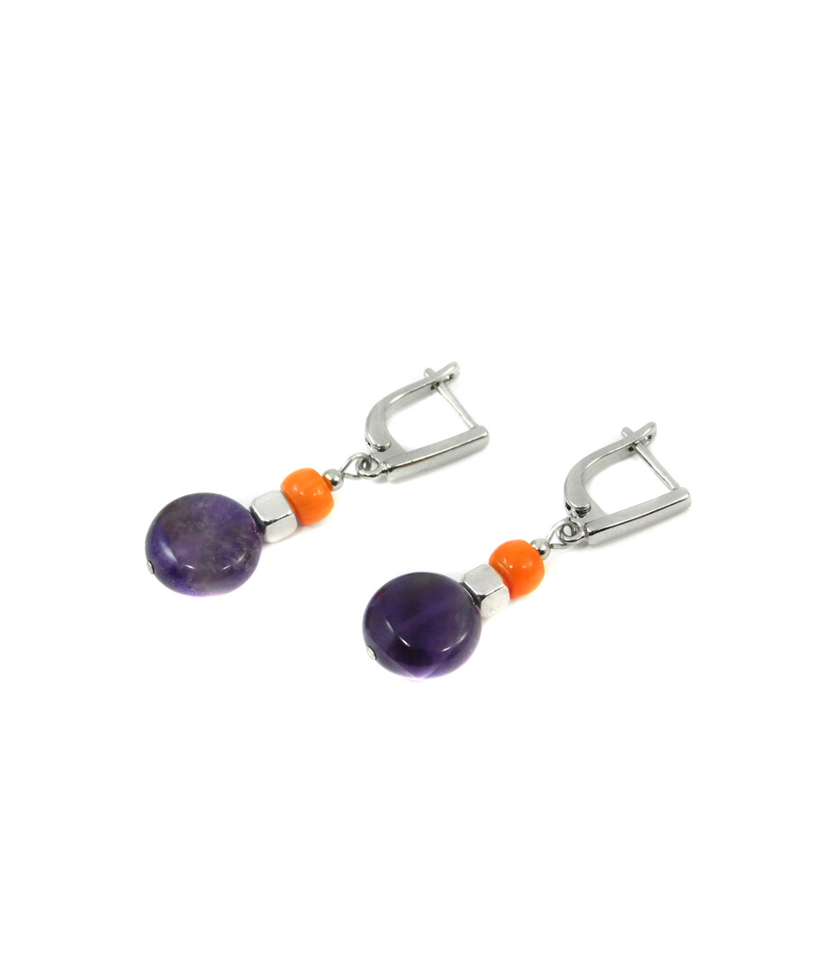 Exclusive earrings "Smorodina" Amethyst tablet, Coral orange rondel