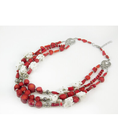 Exclusive necklace "Plombir" Coral galotvka, rondel, tube, Agate crumb, 3 rows