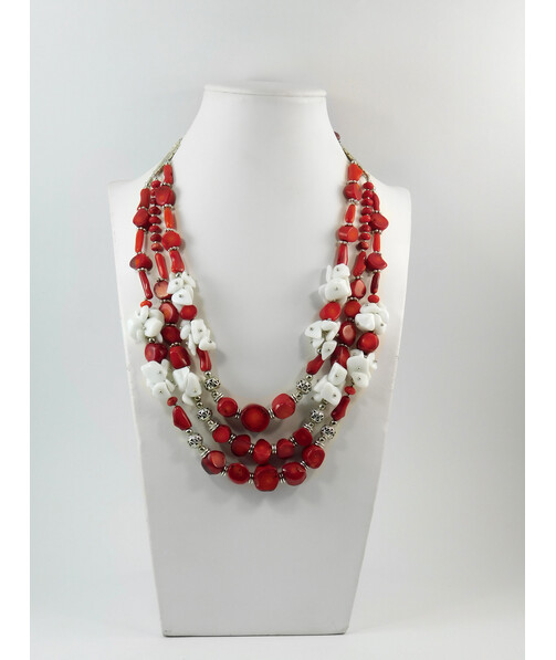 Exclusive necklace "Plombir" Coral galotvka, rondel, tube, Agate crumb, 3 rows