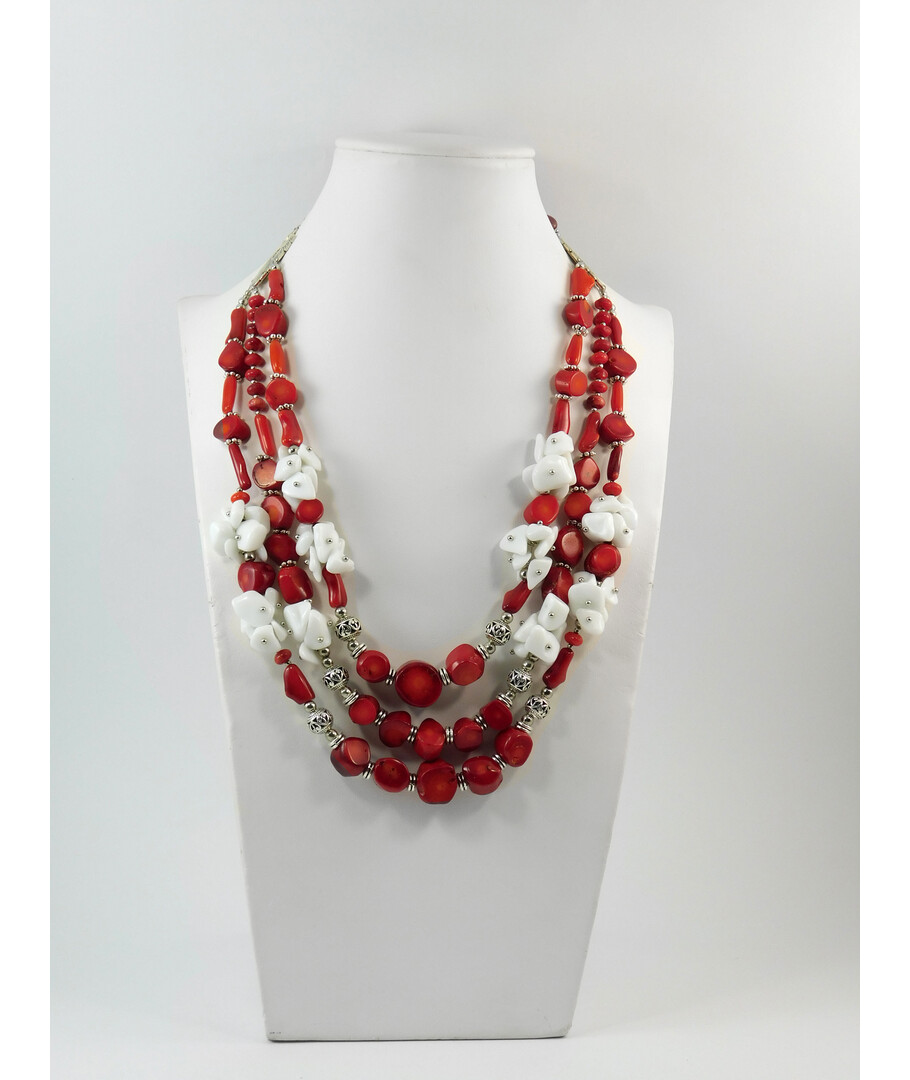 Exclusive necklace "Plombir" Coral galotvka, rondel, tube, Agate crumb, 3 rows