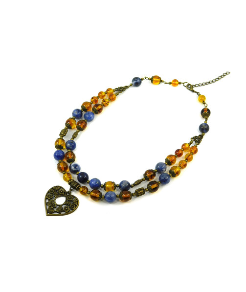 Exclusive necklace "Amber Sky" Sodalite, Amber, 2-row