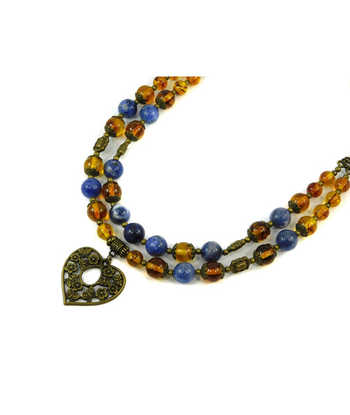 Exclusive necklace "Amber Sky" Sodalite, Amber, 2-row