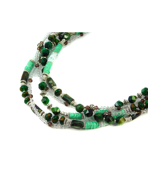 Exclusive necklace "Green Lotus" Tiger's eye gran., Seraphinite rubka, Rhond jasper, Shells