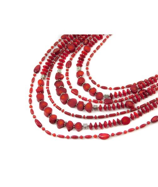 Exclusive necklace "Berta-Sofia" Coral, cut, rice, rondel, tube, 7 rows