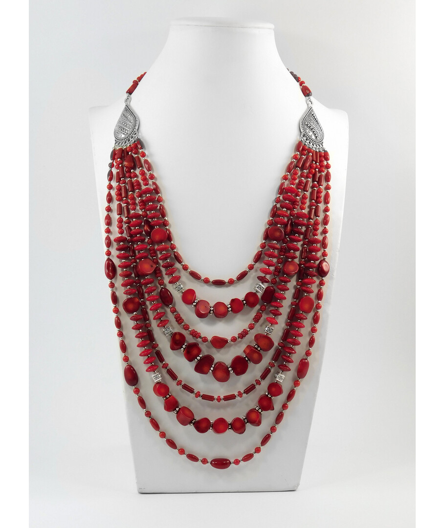 Exclusive necklace "Berta-Sofia" Coral, cut, rice, rondel, tube, 7 rows