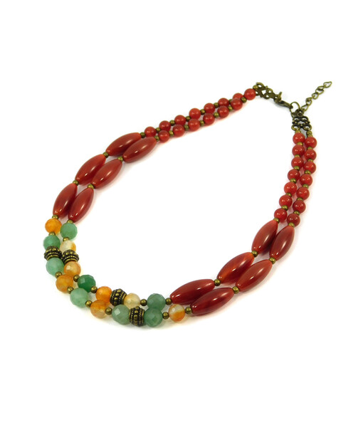 Exclusive necklace "Initiation" Carnelian, facet, Jade facet, Carnelian tube., 2 rows