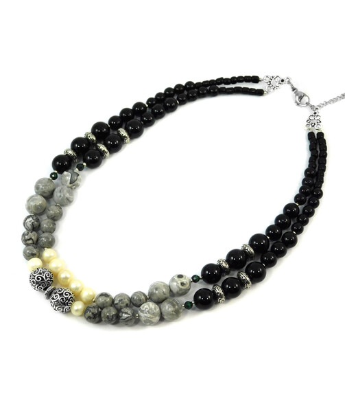 Exclusive necklace "Mirami" Pearls, Agate, Jasper, 2 rows