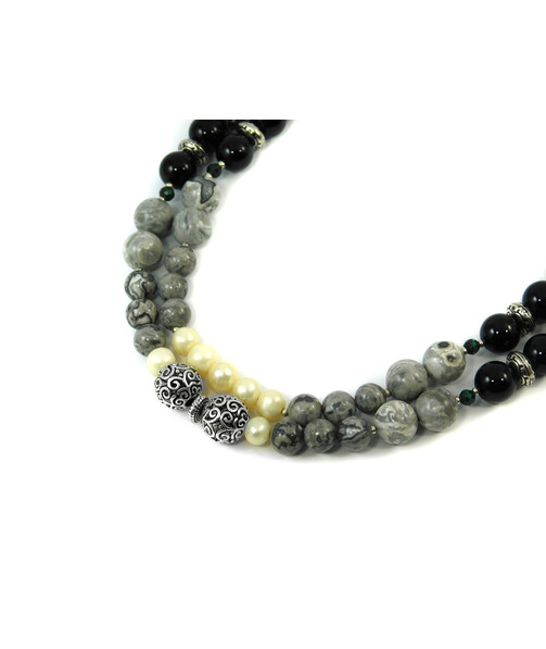 Exclusive necklace "Mirami" Pearls, Agate, Jasper, 2 rows