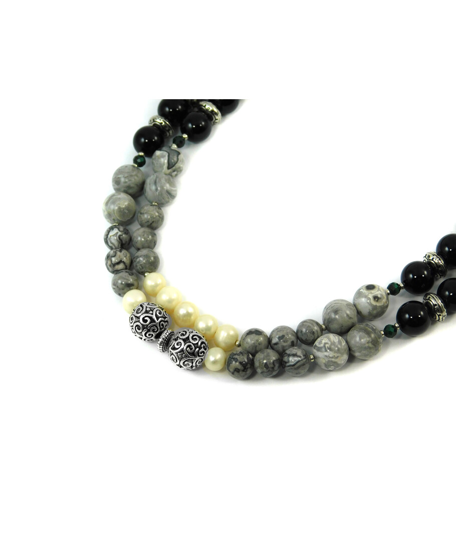 Exclusive necklace "Mirami" Pearls, Agate, Jasper, 2 rows