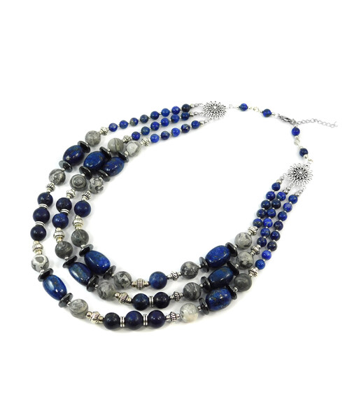 Exclusive necklace "Bay" Lapis lazuli, barrel, Jasper, Hematite rondel, 3 rows