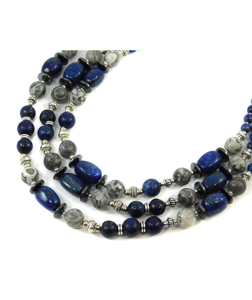 Exclusive necklace "Bay" Lapis lazuli, barrel, Jasper, Hematite rondel, 3 rows