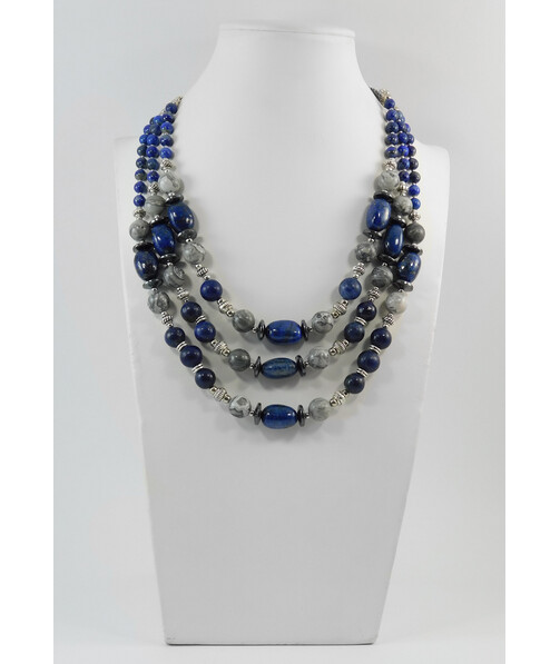 Exclusive necklace "Bay" Lapis lazuli, barrel, Jasper, Hematite rondel, 3 rows