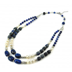 Exclusive necklace "Rimma" Lapis lazuli, barrel, rondel, Pearls, rondel, 2-row