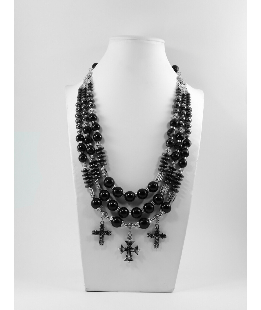 Exclusive necklace "Anfisa" Agate, Hematite rondel, 3 rows