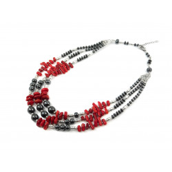Exclusive necklace "Peresvit" Coral needle, crumb, Hematite, rondel, 3 rows
