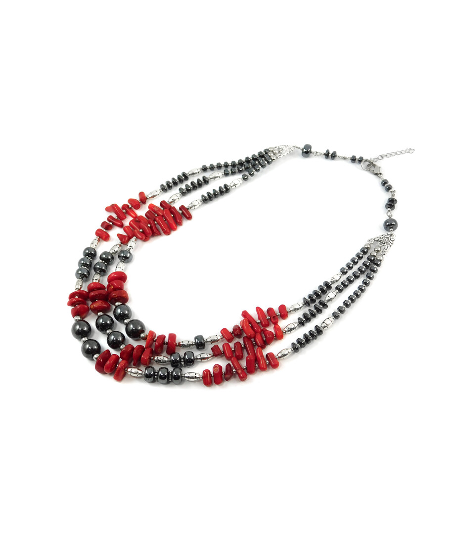 Exclusive necklace "Peresvit" Coral needle, crumb, Hematite, rondel, 3 rows