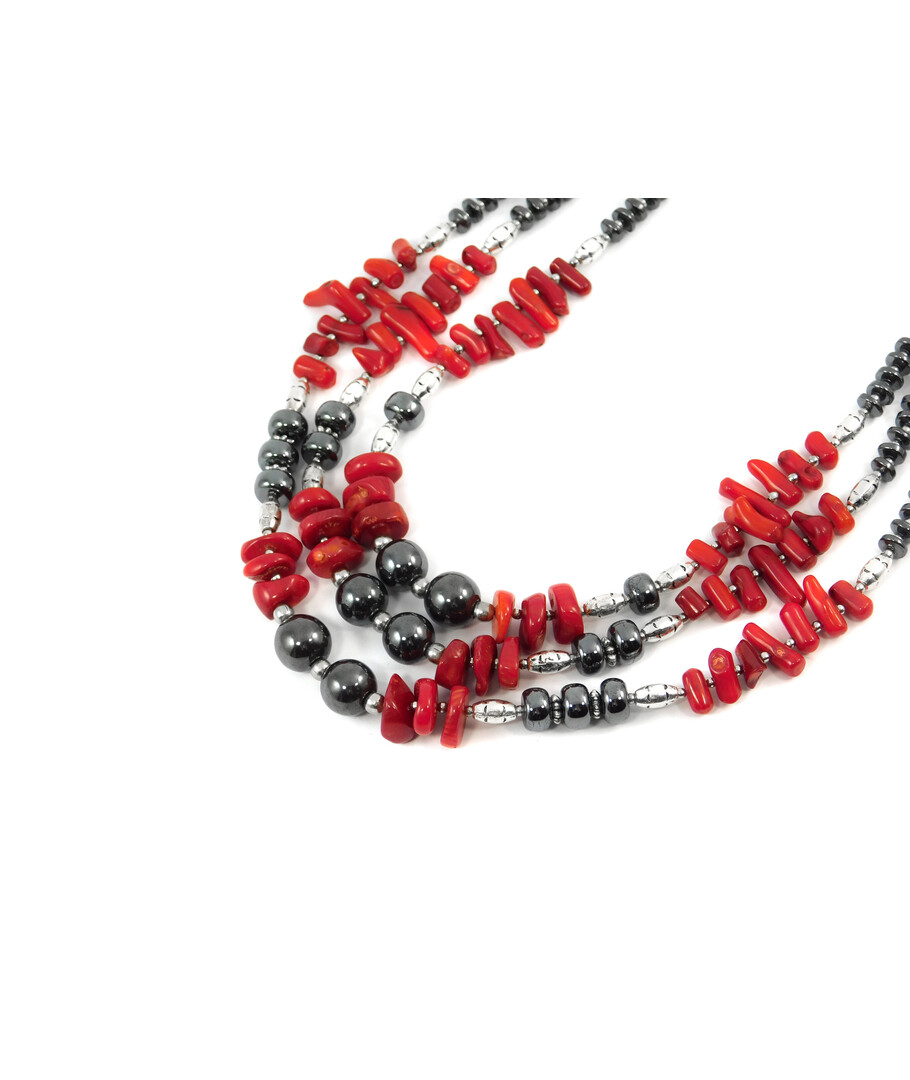 Exclusive necklace "Peresvit" Coral needle, crumb, Hematite, rondel, 3 rows