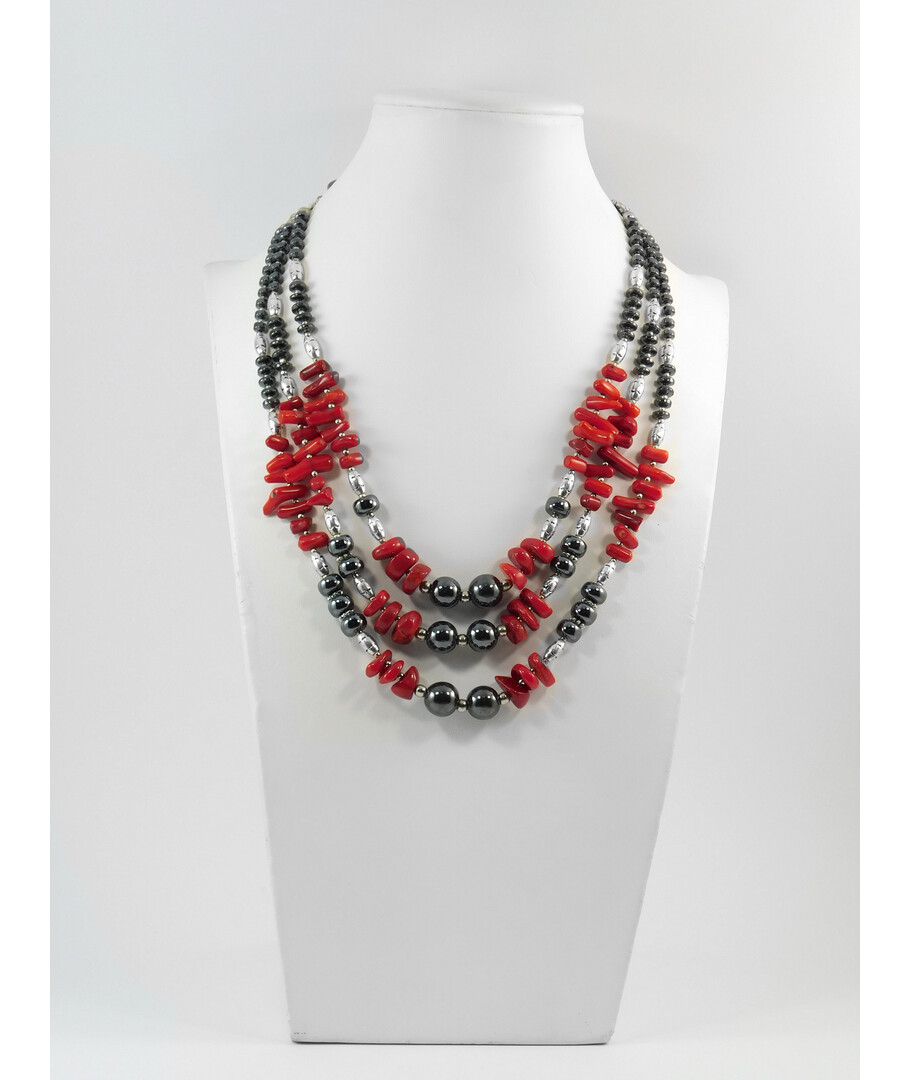 Exclusive necklace "Peresvit" Coral needle, crumb, Hematite, rondel, 3 rows